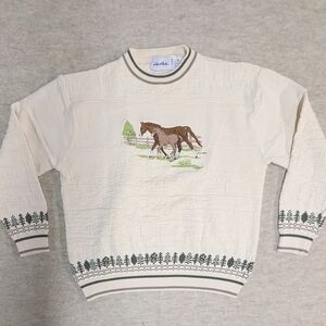 Le Moda Vintage Equine Horse Cream Embroidered Knit Cotton Sweater Size Medium